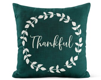 Dark Green Thankful Throw Pillow Cover • Thanksgiving Decor • Fall Pillow Cover • Decorative Pillows for Couch