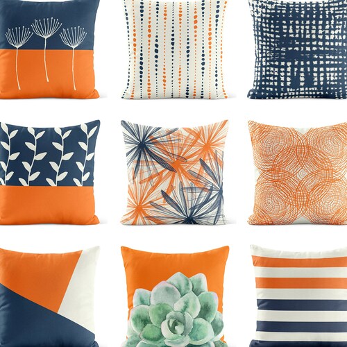 Orange Navy Outdoor Pillow Patio Cushions Patio Decor Etsy