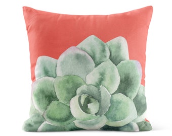 Coral Watercolor Succulent Throw Pillow Cover • Succulent Decor • Red Decorative Pillows for Couch