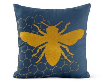 Gold Bee Throw Pillow Cover • Navy Blue Honey Bee Decorative Pillows for Couch