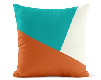 Burnt Orange Teal Color Block Throw Pillow Cover • Decorative Pillows for Couch •  Pillow Case Couch Cushion Cover
