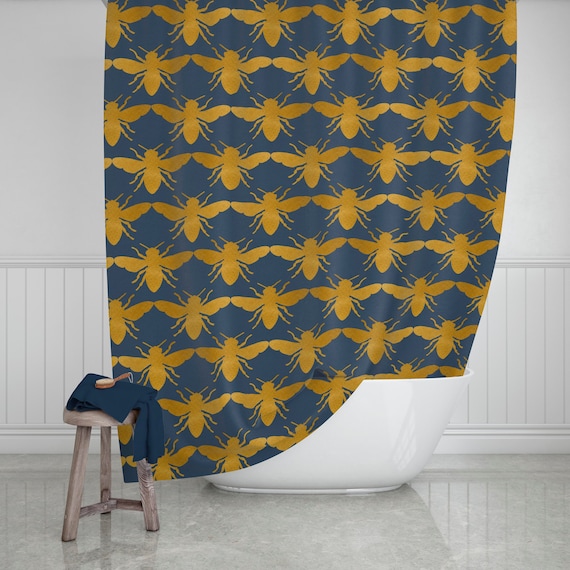 Navy and sale gold shower curtain
