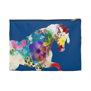Blue Floral Horse Zipper Pouch • Cosmetic Bag • Makeup Organizer • Cell Phone Pouch Coin Pouch • Horse Lover Gift Equestrian Gift