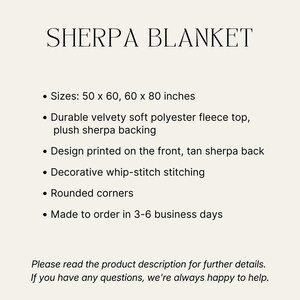 May include: Text on a cream background reads "SHERPA BLANKET." Details include sizes 127 x 152 cm and 152 x 203 cm, a soft polyester fleece top, and a tan sherpa back. The blanket features decorative whip-stitch stitching and rounded corners.