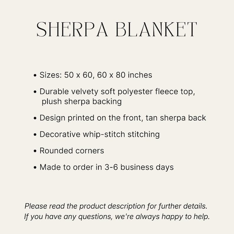 May include: Text on a cream background reads "SHERPA BLANKET." Details include sizes 127 x 152 cm and 152 x 203 cm, a soft polyester fleece top, and a tan sherpa back. The blanket features decorative whip-stitch stitching and rounded corners.
