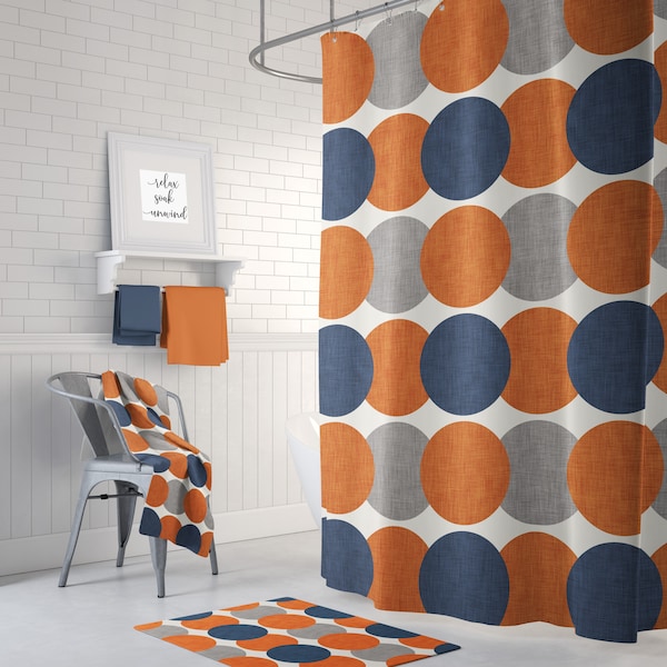 Burnt Orange Gray Navy Shower Curtain • Mid Century Modern Bathroom Decor • Retro Shower Curtain