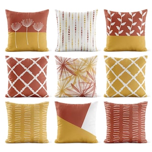 Terracotta Mustard Outdoor Pillow • Water-Resistant Patio Cushion • Yellow Geometric Stripe Floral Porch Throw Pillows