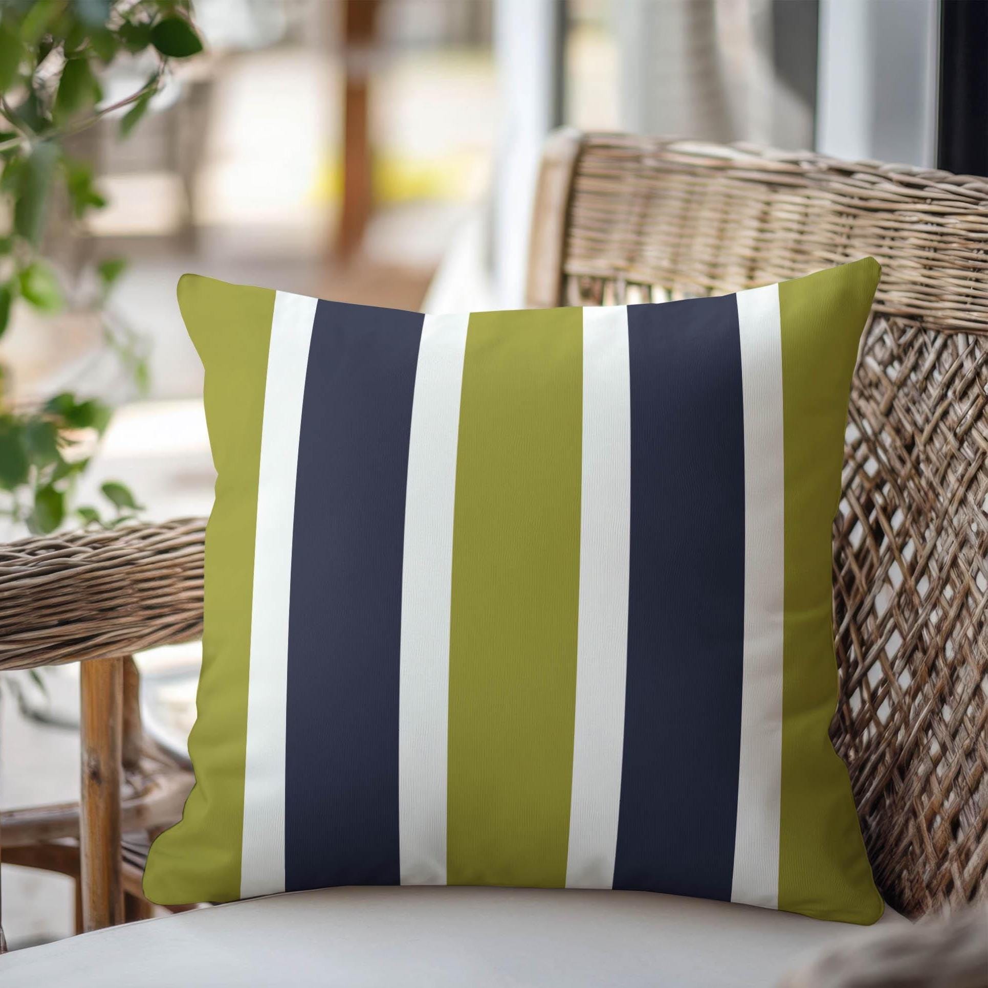 Green Navy Outdoor Pillow • Lime Green Stripe Patio Cushion