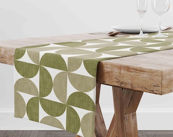 Mid-Century Modern Bauhaus Table Runner • Retro Olive Sage Green Table Runner for Dining Room Kitchen