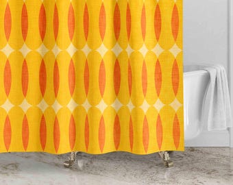 Orange Yellow Shower Curtain  | Mid Century Modern Bath Curtain | Retro Shower Curtain