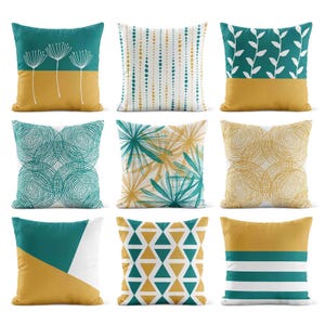 Mustard Teal Throw Pillow Cover • Yellow Decorative Pillows for Couch • Accent Pillow Covers
