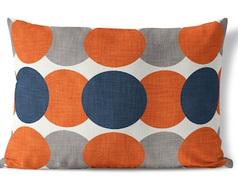 Burnt Orange Gray Navy Lumbar Throw Pillow Cover 14x20 • Mid Century Modern Pillowcase • Accent Pillows for Couch