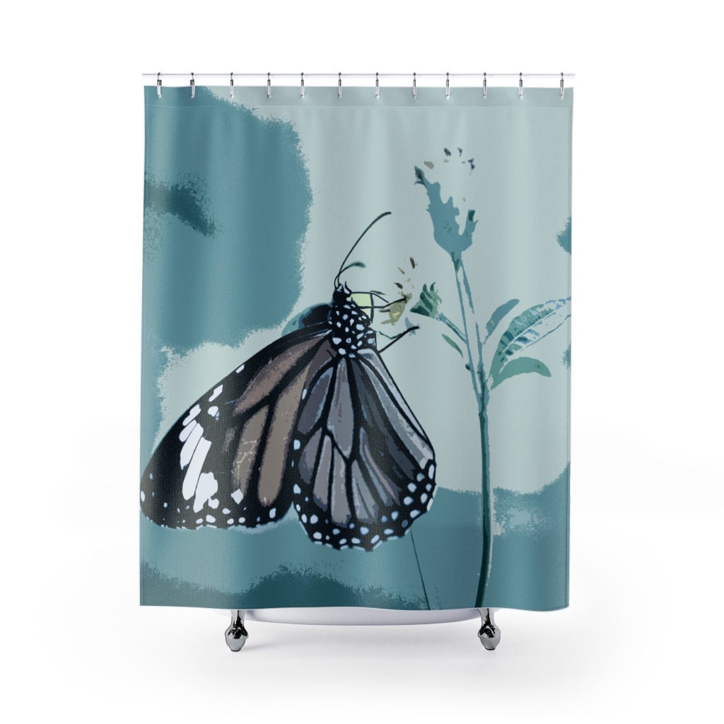 Blue Butterfly Shower Curtain Unique Modern Bathroom Decor Etsy