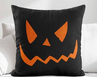Black Orange Jack O Lantern Throw Pillow Cover • Pumpkin Face Halloween Decor • Spooky Decor