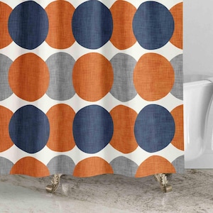 Burnt Orange Navy Gray Shower Curtain • Mid-Century Modern Bathroom Decor • Retro Shower Curtain