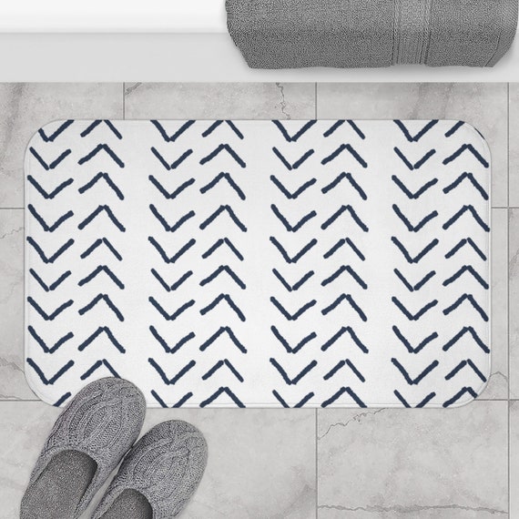 Navy White Mudcloth Print Bath Mat Blue Bathroom Rug Memory Foam Bath Mat  Bathroom Decor 