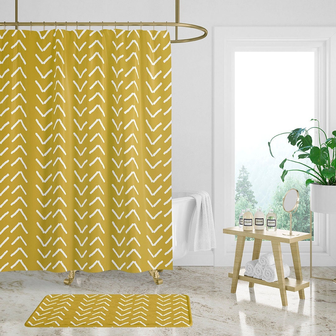 Mustard Yellow Mudcloth Print Shower Curtain Boho Bath Curtain