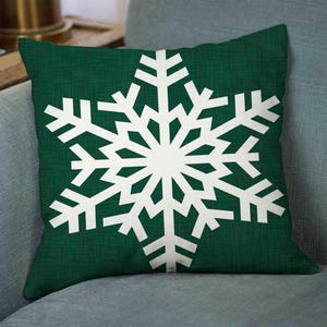 Green Snowflake Christmas Pillow Cover • Winter Pillow Cover • Decorative Holiday Pillow image 3