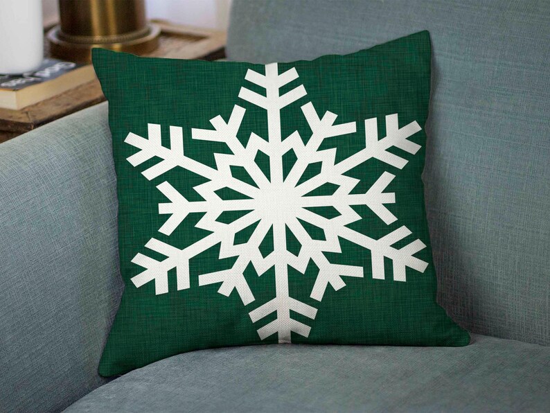 Green Snowflake Christmas Pillow Cover • Winter Pillow Cover • Decorative Holiday Pillow image 3