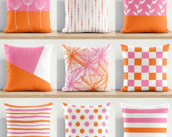 Pink Orange Outdoor Pillow • Water-Resistant Patio Cushion • Geometric Stripe Floral Porch Throw Pillows