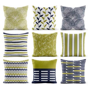 Lime Navy Outdoor Pillow • Water-Resistant Blue Green Patio Cushion • Geometric Stripe Floral Porch Throw Pillows