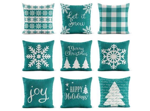 Teal Christmas Throw Pillow Cover Snowflake Merry Christmas Happy Holidays Christmas Pillow Holiday Pillows Etsy Canada