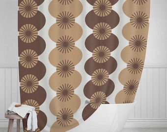 Mid-Century Modern Shower Curtain • Retro 70s Bath Curtain Beige Brown