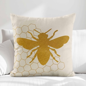 Funda de cojín decorativa con diseño de abeja dorada • Funda de cojín decorativa con diseño de abeja beige crema • Cojines decorativos para sofá imagen 1