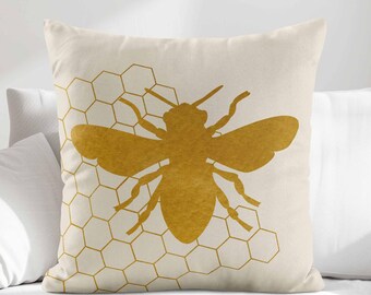 Gold Bee Throw Pillow Cover • Beige Cream Honey Bee Accent Pillow Cover • Decorative Pillows for Couch