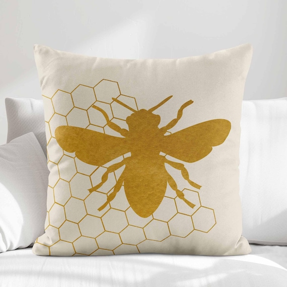 Gold Bee Throw Pillow Cover • Beige Cream Honey Bee Accent Pillow Cover • Decorative Pillows for Couch