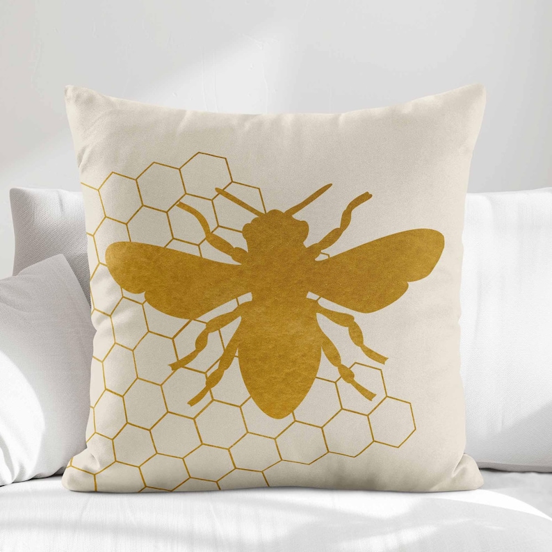 Funda de cojín decorativa con diseño de abeja dorada • Funda de cojín decorativa con diseño de abeja beige crema • Cojines decorativos para sofá imagen 1