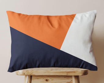 Cojín para exteriores con bloques de color naranja y azul marino • Cojín lumbar para porche de 14 x 20 • Cojín moderno para patio