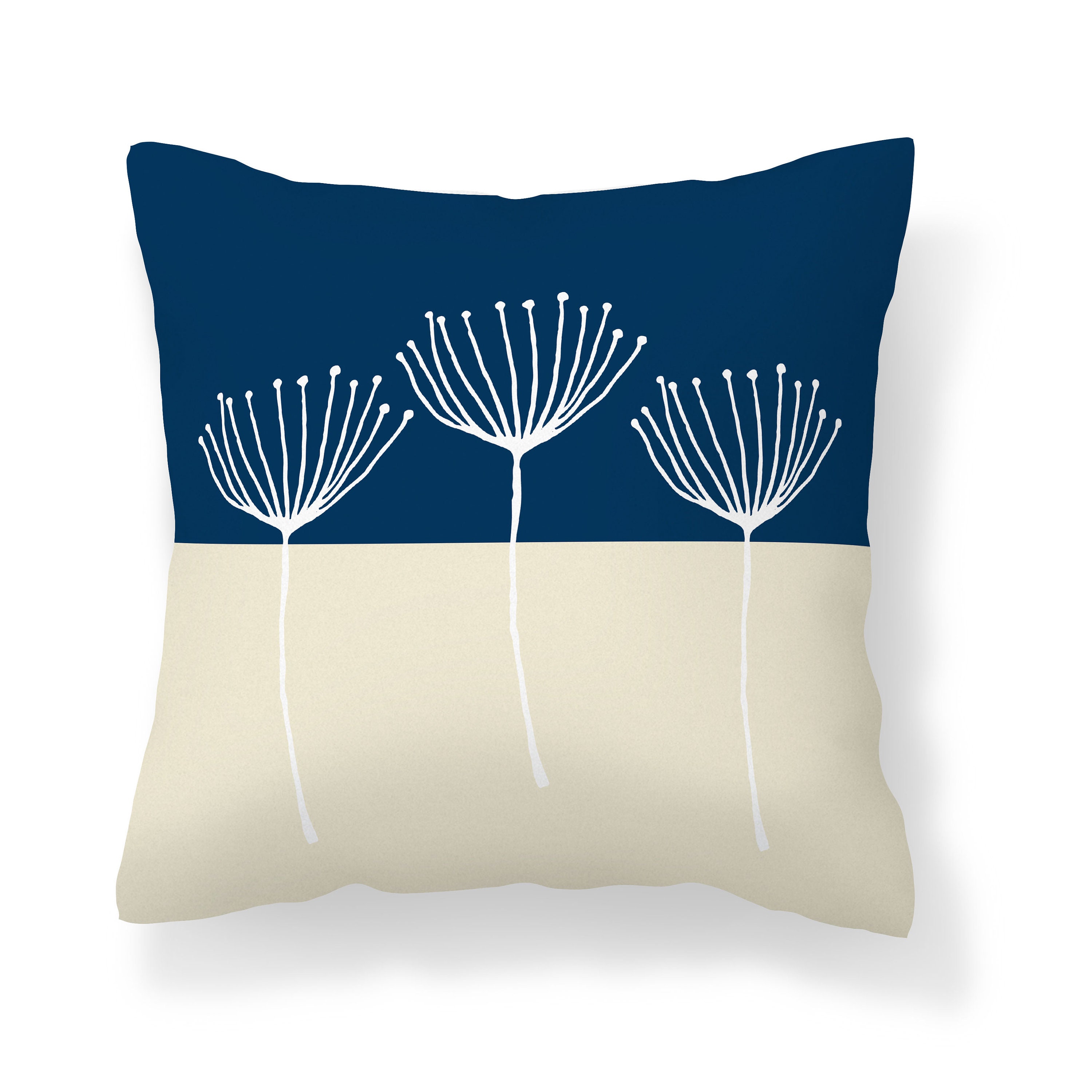 Blue Cream Floral Throw Pillow Cover Navy Light Beige Pillow Etsy