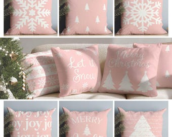 Pink Christmas Throw Pillow Cover • Snowflake Merry Christmas • Winter Holiday Pillow