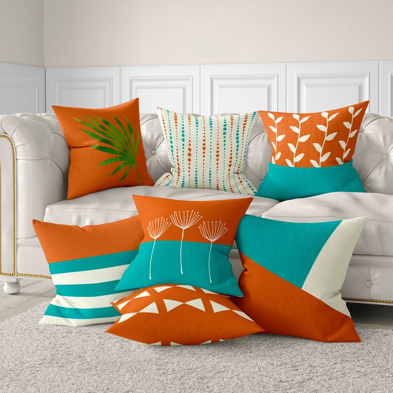 Burnt Orange Teal Blue Throw Pillow Modern Mix and Match Etsy