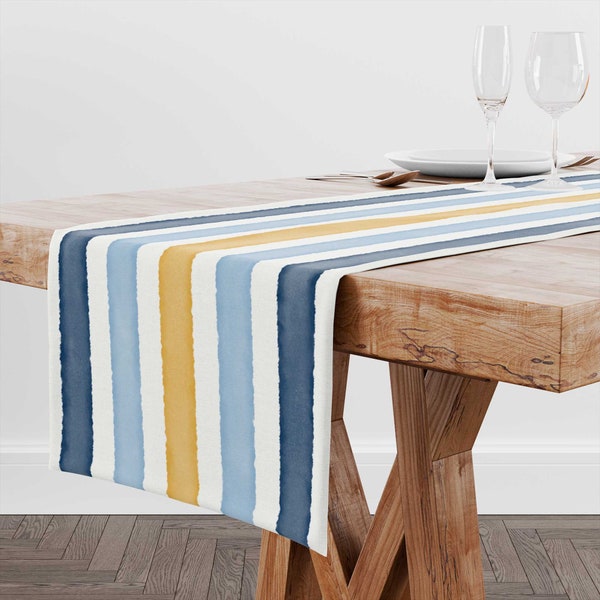 Watercolor Stripe Table Runner • Navy Blue Mustard Table Decor Table Top • Kitchen Dining Room Decor