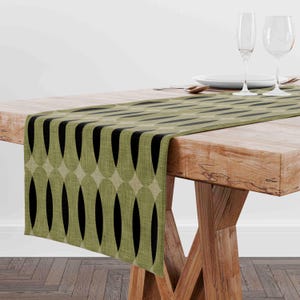 Olive Black Table Runner • Mid-Century Modern Green Table Runner for Dining Room Kitchen