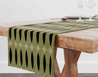 Olive Black Table Runner • Mid-Century Modern Green Table Runner for Dining Room Kitchen