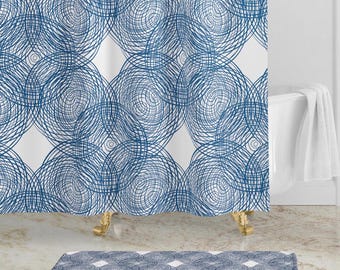 Navy White Shower Curtain • Blue Bath Curtain