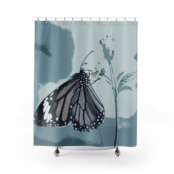 Blue Butterfly Shower Curtain Unique Modern Bathroom Decor Etsy