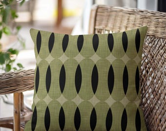Olive Black Outdoor Pillow • Green Mid-Century Modern Patio Cushions Porch Pillow