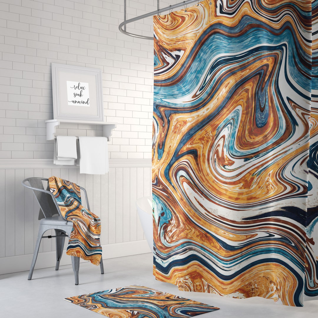 Copper and Blue Marble Shower Curtain Blue Brown Bath Etsy