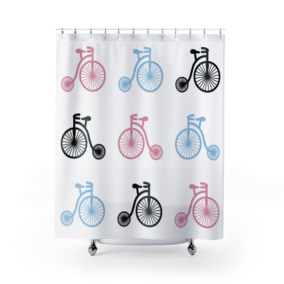 Retro Bicycles Shower Curtain Pink Blue Black And White Unique Bathroom Decor