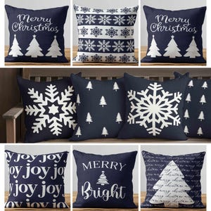Navy Outdoor Christmas Pillow • Dark Blue Snowflake Porch Patio Cushion • Winter Holiday Pillows image 1