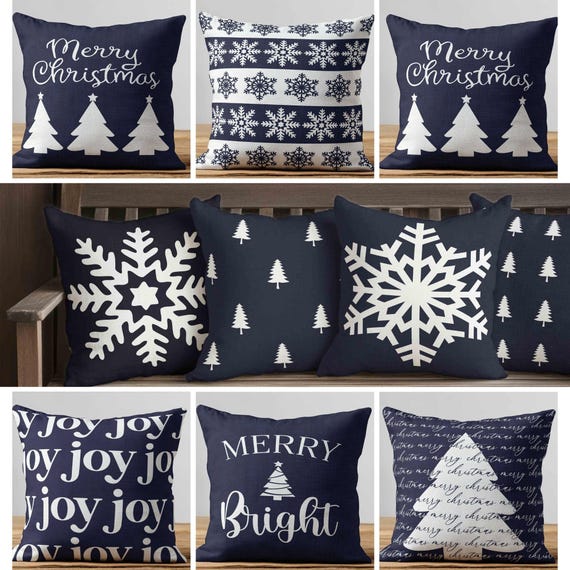 Navy Outdoor Christmas Pillow • Dark Blue Snowflake Porch Patio Cushion • Winter Holiday Pillows