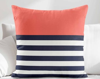 Coral Navy Blue Throw Pillow Cover • Coastal Nautical Striped Decorative Pillows for Couch