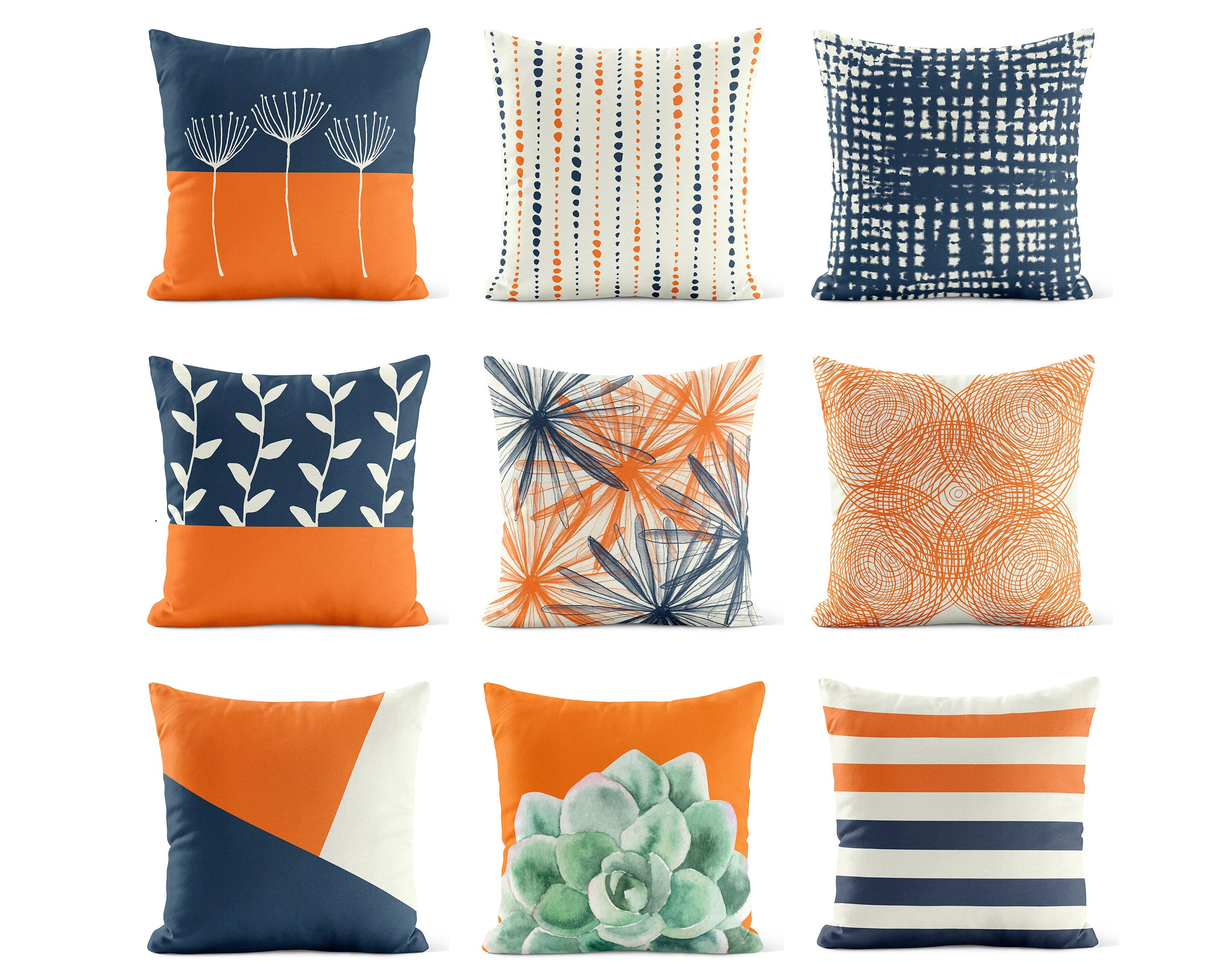 orange and navy outdoor pillows