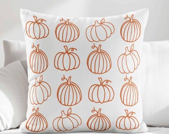 May include: A square throw pillow featuring a white background with a repeating pattern of orange line-art pumpkins. The design consists of sixteen individual pumpkin illustrations arranged in a grid, each with a stem and curved vine detail.
