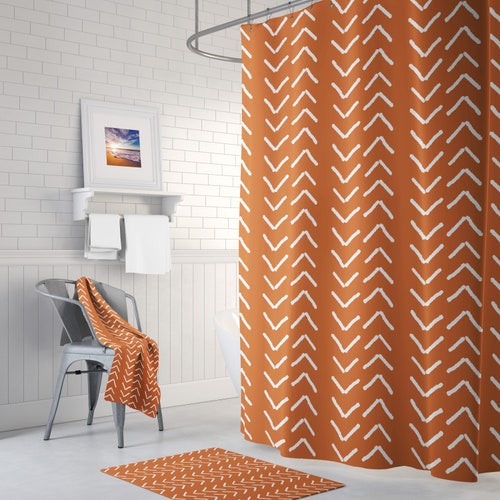 Burnt Orange Mudcloth Print Shower Curtain Boho Bath Curtain Etsy