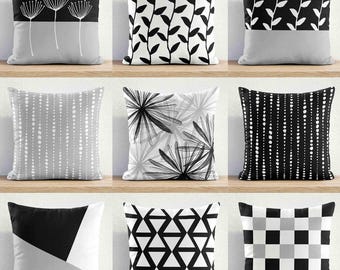 Black Gray White Outdoor Pillow • Water-Resistant Patio Cushion • Geometric Checkered Floral